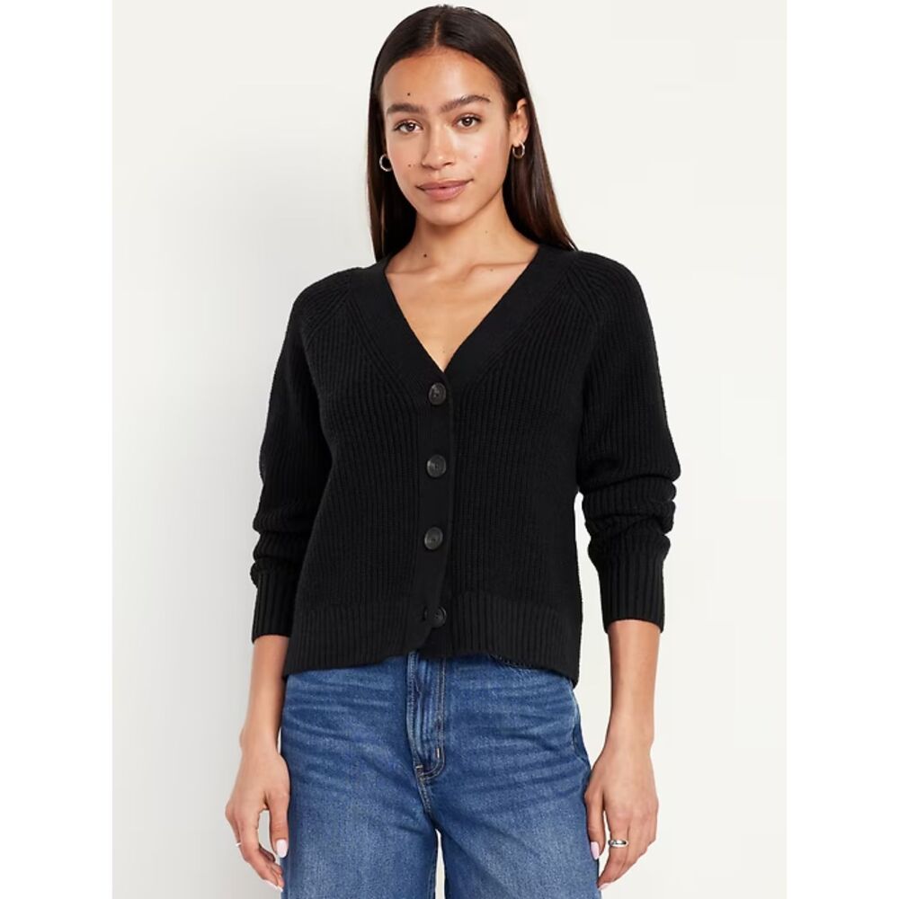 Old Navy Cardigan Women Large Black Shaker-Stitch Knit Oversized Grandpa Sweater
